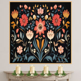 Folk Art Floral Canvas Print – Colorful Symmetrical Flower Design with Vintage Decorative Charm on Ready to Hang 1.5" Thick Canvas Wrap, Floating Framed Canvas, Flat Rolled Canvas
